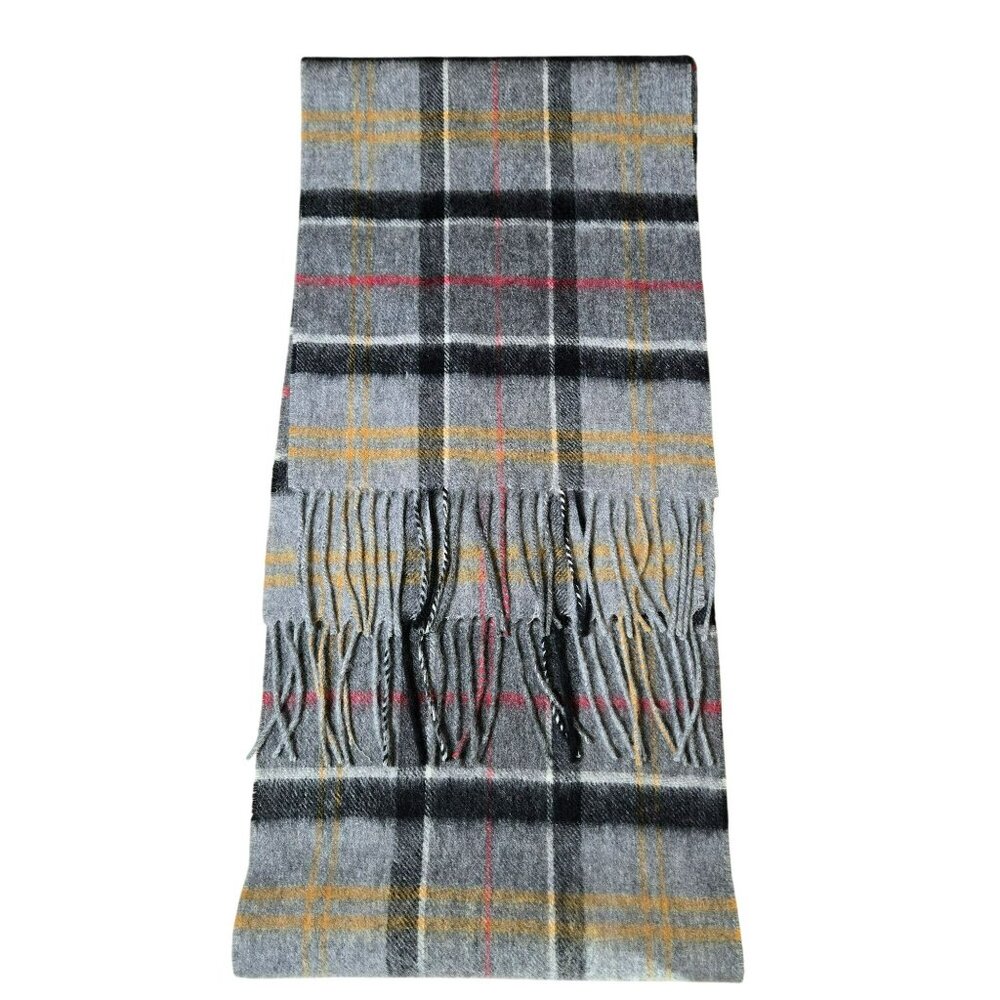 Gray Plaid Striped Fringe Winter Scarf Cashmere Blend Soft & Cozy 72" x 10"